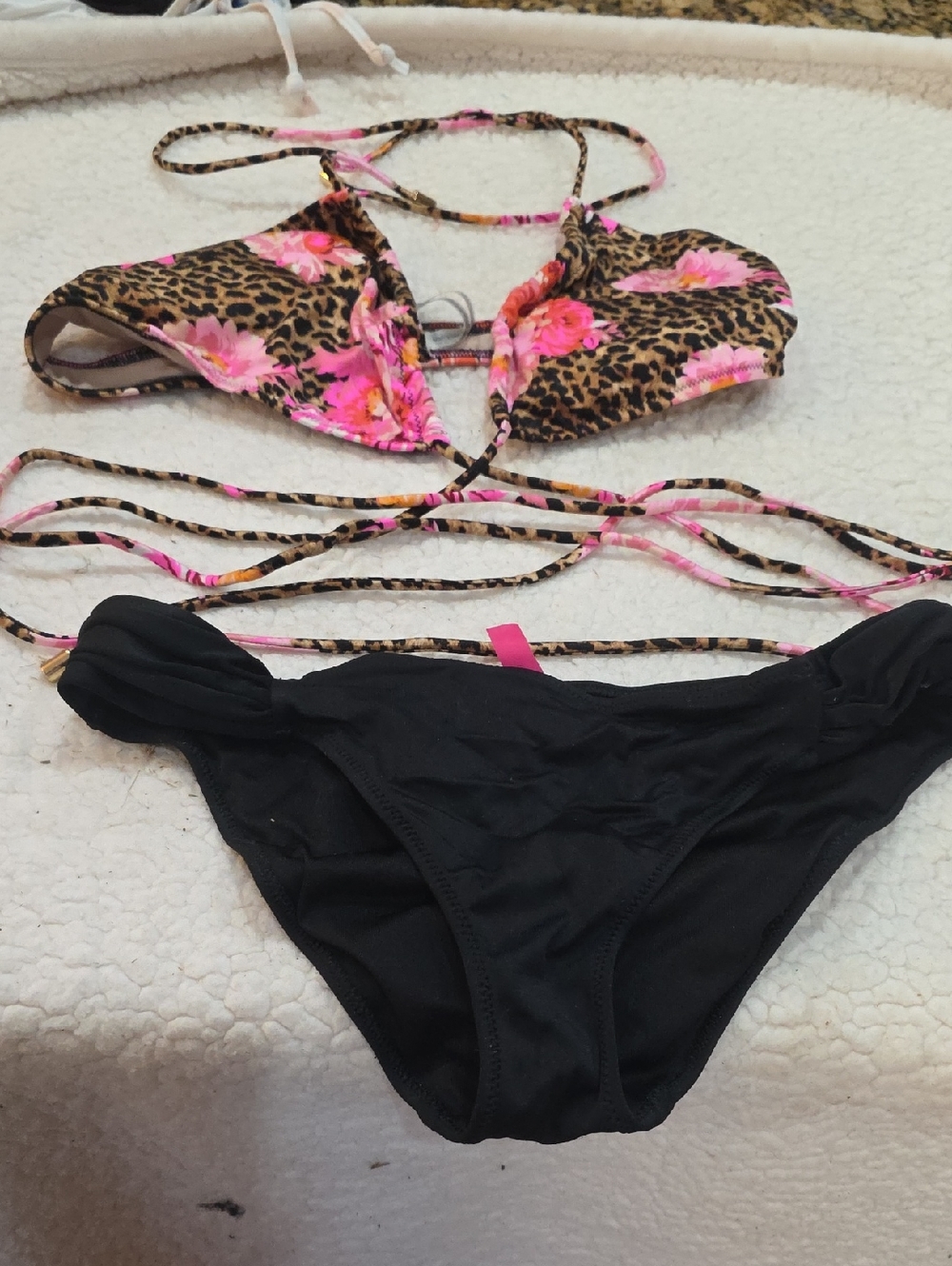 Leopard Floral Triangle Bikini Top with Black Bottom